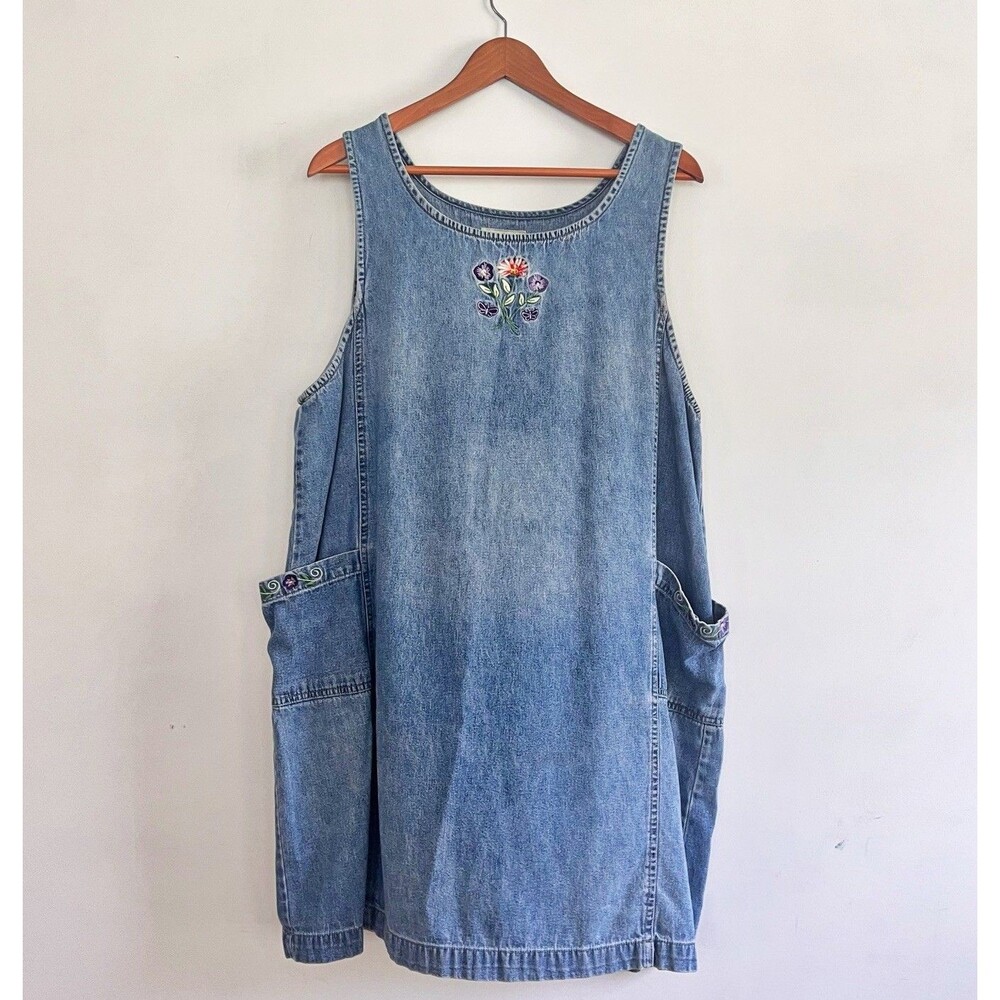 Vtg 90s Erika Taylor Intimates Country Cottons Denim Dress XL Embroidered Jumper